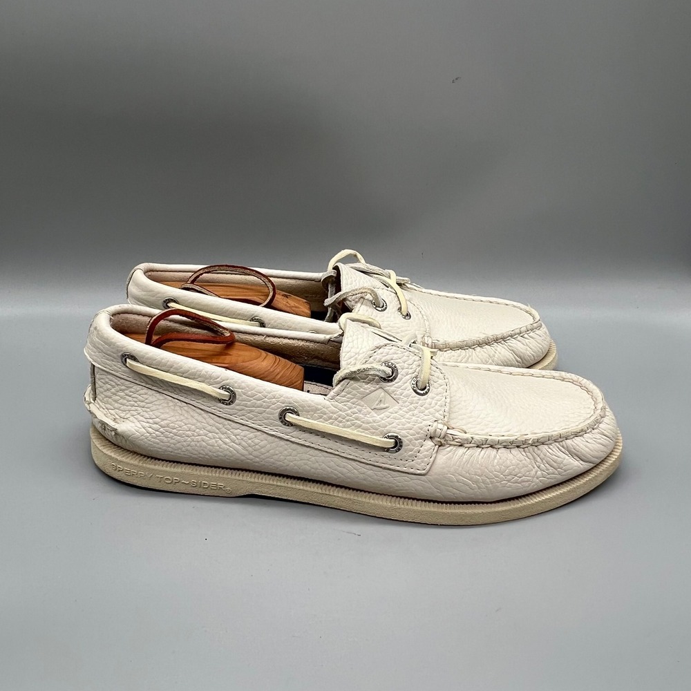 Sperry Shoes Mens 9 White Leather Top Sider A/O 2-Eye Boat Deck Loafers Nautical